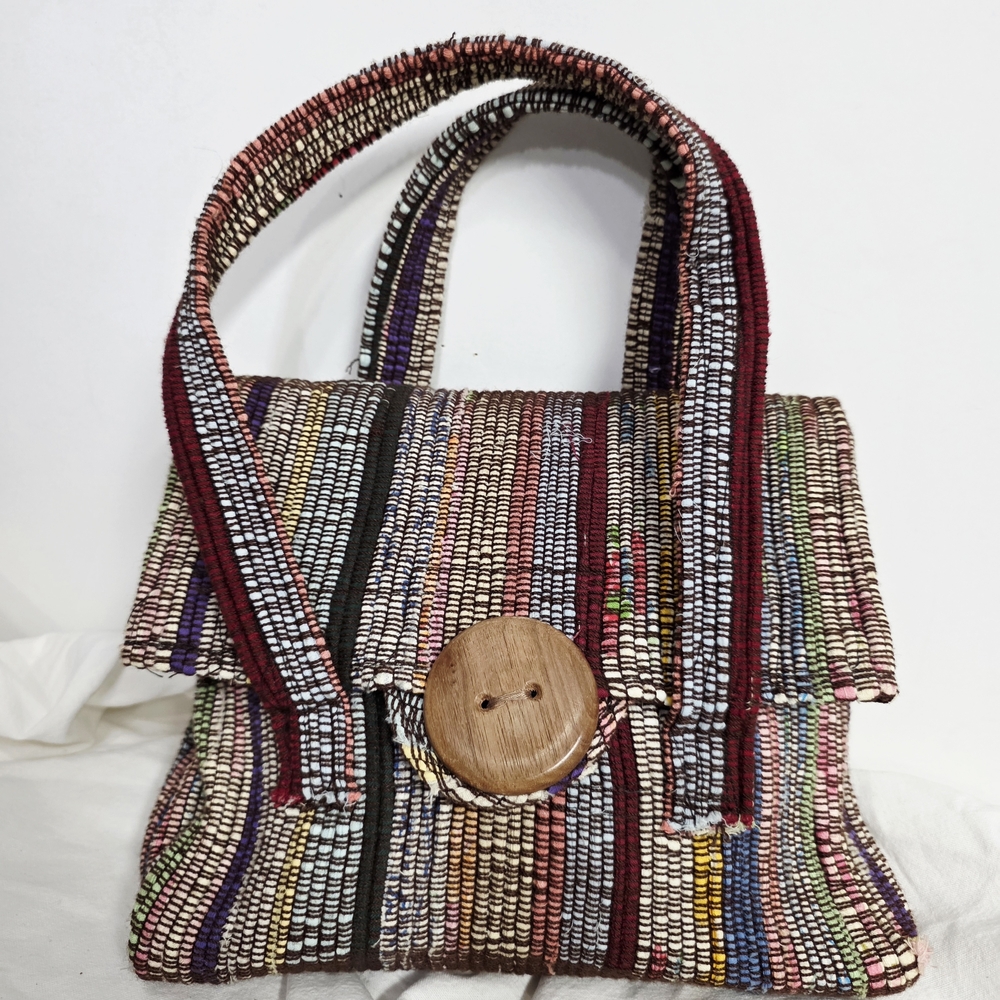 Colorful Woven Shoulder Bag with Wooden Button